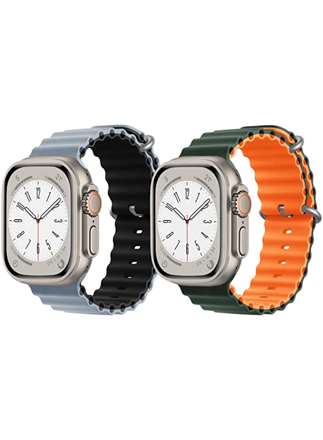 IAF Silicone Ocean Band Strap for Apple Watch Ultra 8 49mm Light Blue/Black Double Side Strap with Green/Orange Double Side Strap Set of 2
