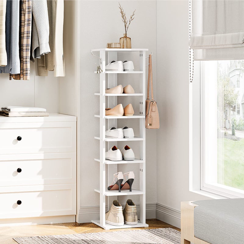 HOOBRO 8 Tier White Narrow Shoe Rack with 2 Hooks, Rustic Style, Stable Shoe Rack for Entrance, Living Room, Bedroom - Image 3
