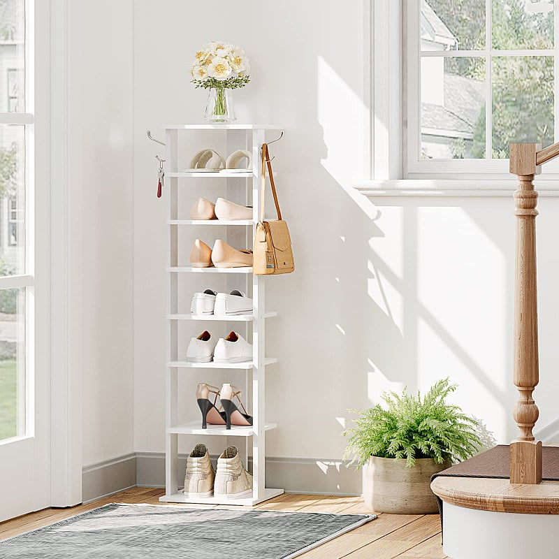 HOOBRO 8 Tier White Narrow Shoe Rack with 2 Hooks, Rustic Style, Stable Shoe Rack for Entrance, Living Room, Bedroom - Image 2