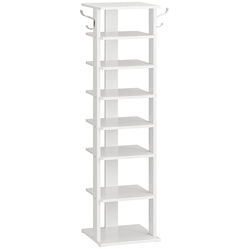 HOOBRO 8 Tier White Narrow Shoe Rack with 2 Hooks, Rustic Style, Stable Shoe Rack for Entrance, Living Room, Bedroom - Image 1