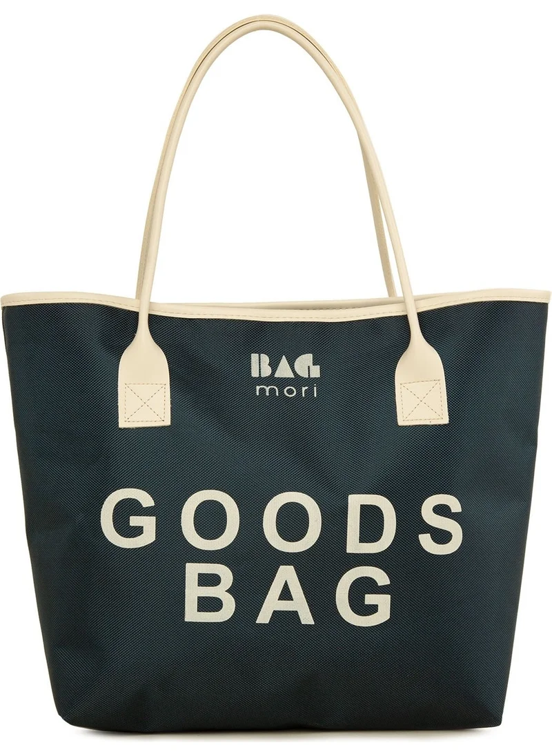 باجموري Navy Blue Printed Leather Garnished Tote Bag