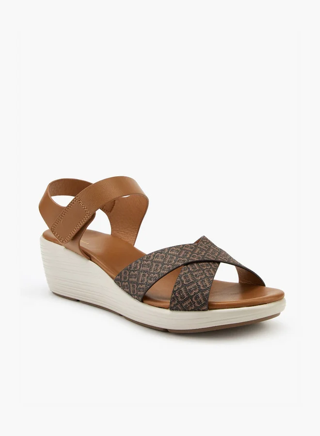 Flora Bella By Shoexpress Cross Strap Monogram Print Sandals with Hook and Loop Closure