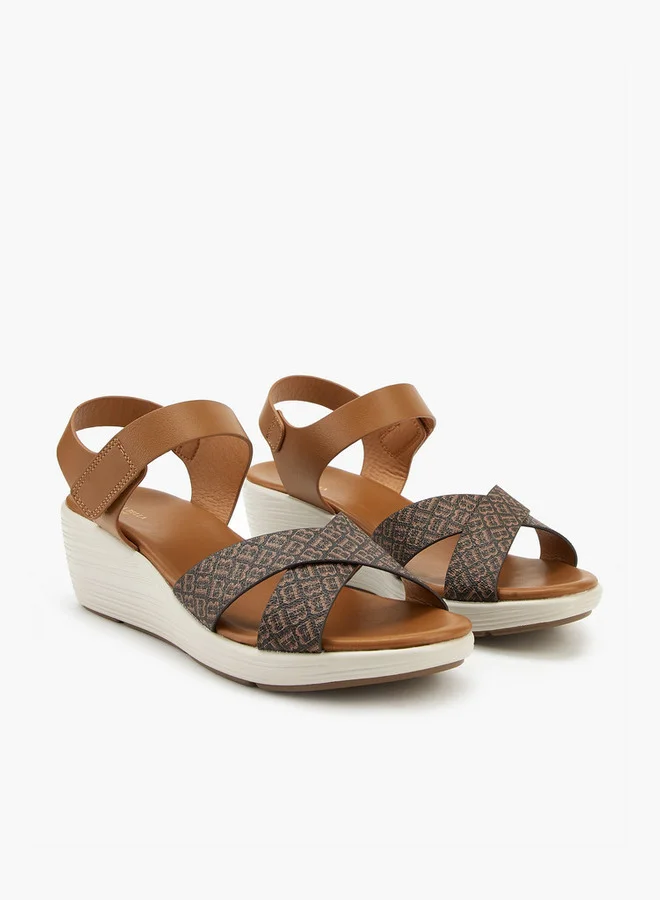 Flora Bella By Shoexpress Cross Strap Monogram Print Sandals with Hook and Loop Closure