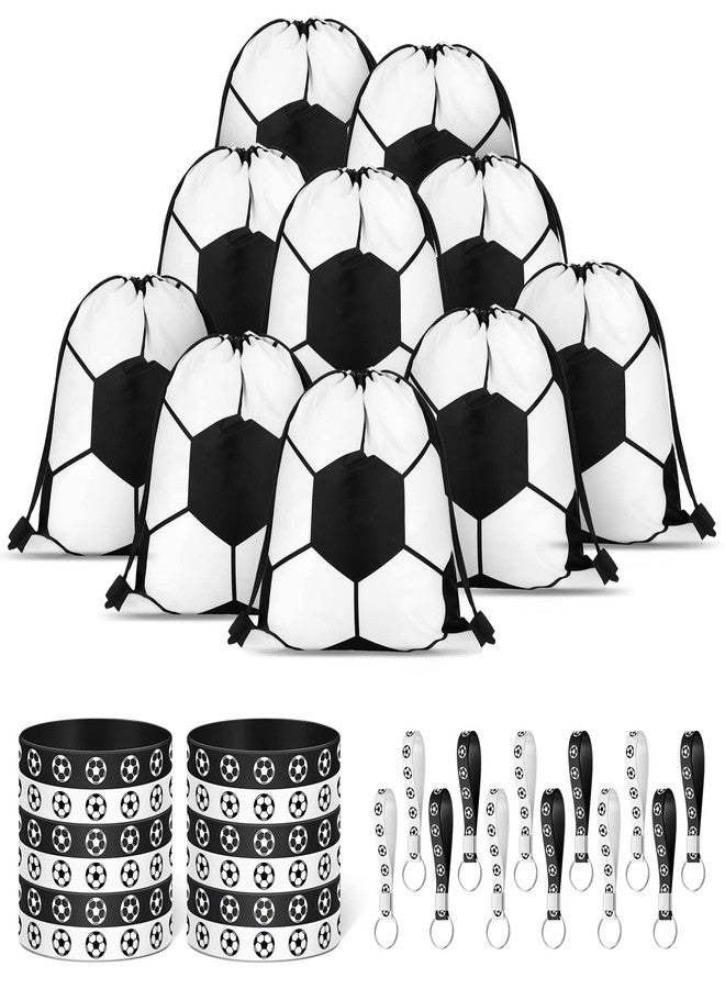 Lothee 34 Pieces Soccer Party Favors 10 Soccer Drawstring Bags Sports Gym 12 Soccer Bracelet Wristband Silicone Rubber Bracelet 12 Soccer Keychains Soccer Team Gift for Men Women Sport - Image 1