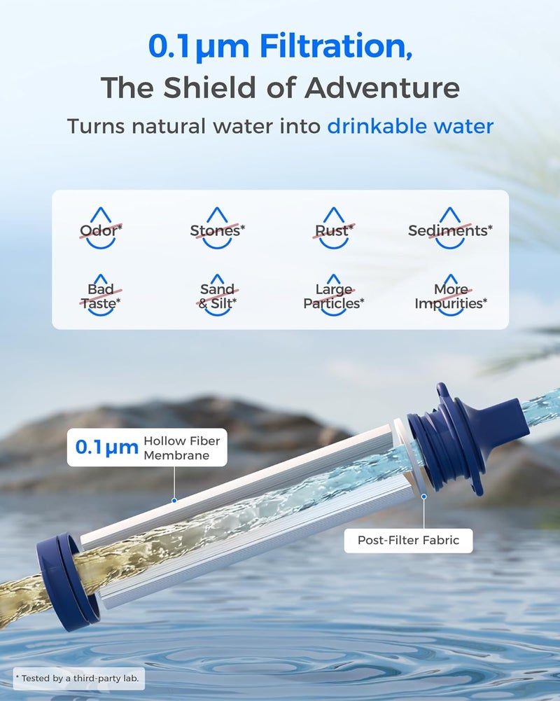 Waterdrop قشة فلتر الماء بالجاذبية، نظام تنقية المياه للتخييم، جهاز تنقية المياه للبقاء أثناء السفر، الرحلات والتأهب للطوارئ، حقيبة سعة 1.5 جالون، 0.1 ميكرون، أزرق فاتح - Image 5