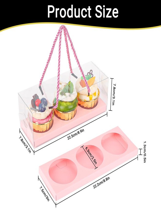 EUSOAR Pink Cupcake Boxes, 10 Pcs 9"x3"x3" Portable 3 Compartments Muffins Cupcake Containers Pastry Gift Holder, Rectangular Clear Disposable Cake Carriers Display for Wedding Party Gifts Bakery - Image 2