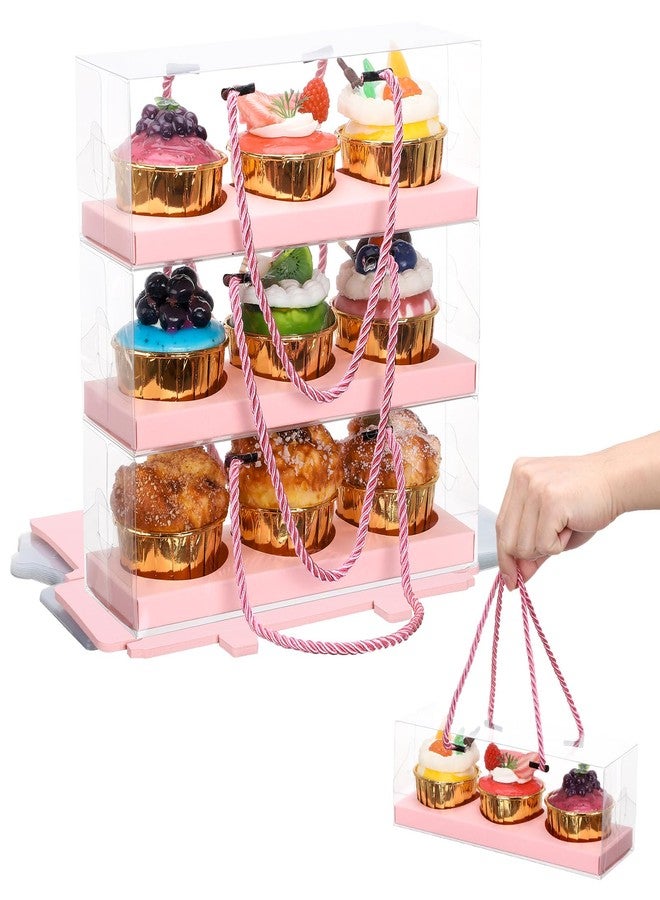 EUSOAR Pink Cupcake Boxes, 10 Pcs 9"x3"x3" Portable 3 Compartments Muffins Cupcake Containers Pastry Gift Holder, Rectangular Clear Disposable Cake Carriers Display for Wedding Party Gifts Bakery - Image 1