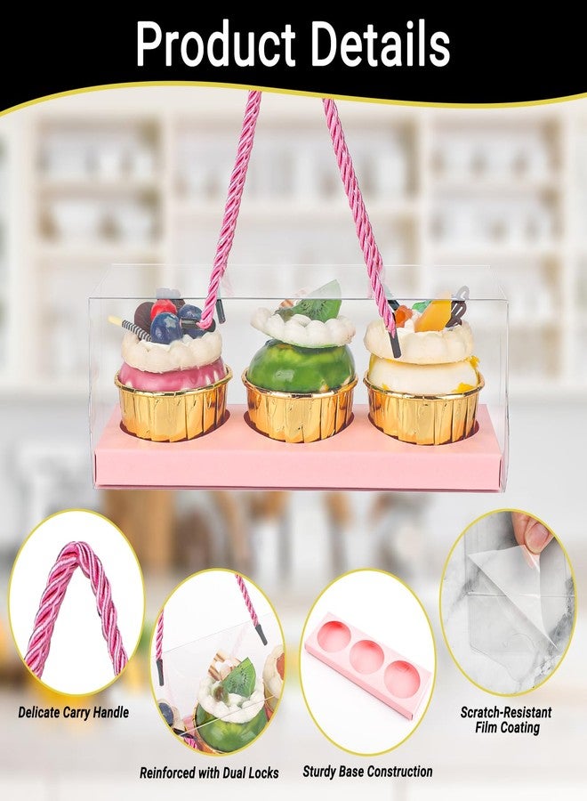 EUSOAR Pink Cupcake Boxes, 10 Pcs 9"x3"x3" Portable 3 Compartments Muffins Cupcake Containers Pastry Gift Holder, Rectangular Clear Disposable Cake Carriers Display for Wedding Party Gifts Bakery - Image 3