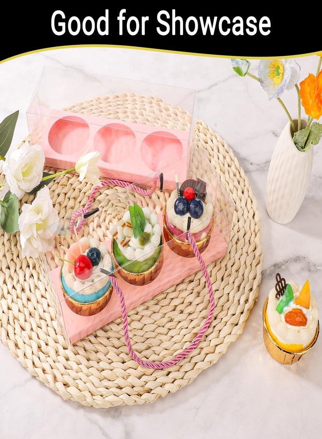 EUSOAR Pink Cupcake Boxes, 10 Pcs 9"x3"x3" Portable 3 Compartments Muffins Cupcake Containers Pastry Gift Holder, Rectangular Clear Disposable Cake Carriers Display for Wedding Party Gifts Bakery - Image 5