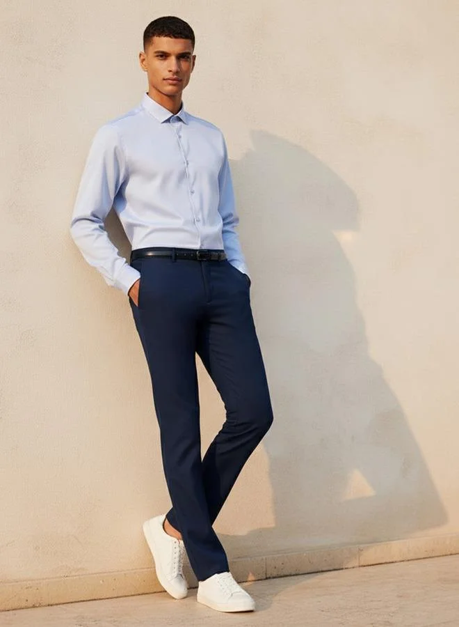 Splash FAV Blue Men Slim Fit Belted Formal Trousers for Men | Best Price UAE