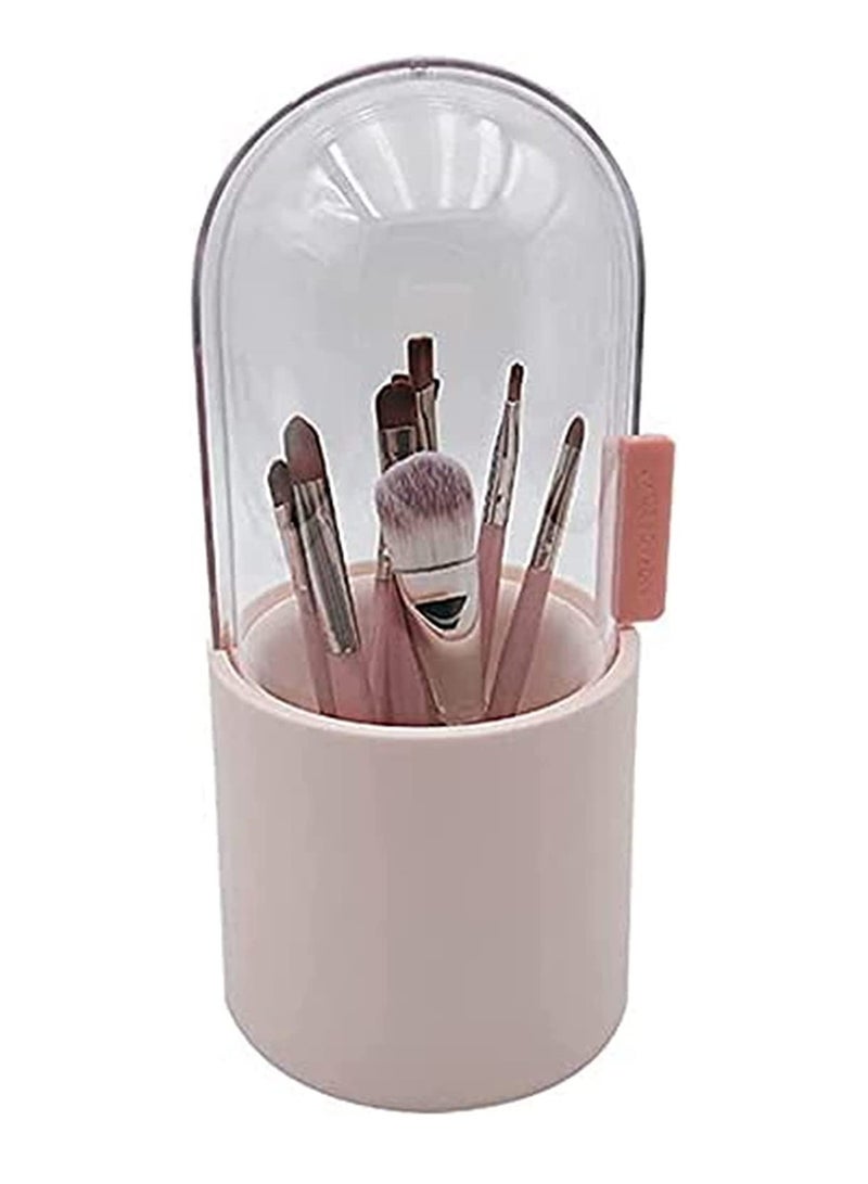 Makeup Brush Organizer Holder Dustproof Cosmetic Brushes Storage Case Display Stand Crystal Clear Rotating Lid Beautiful Pearls Bedroom Vanity Table Bathroom Cabinet Sink Countertop Gift Pink