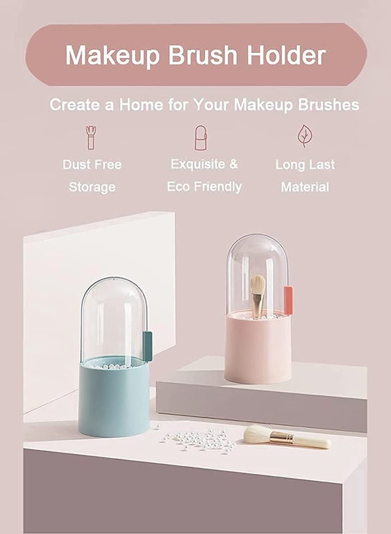 Makeup Brush Organizer Holder Dustproof Cosmetic Brushes Storage Case Display Stand Crystal Clear Rotating Lid Beautiful Pearls Bedroom Vanity Table Bathroom Cabinet Sink Countertop Gift Pink