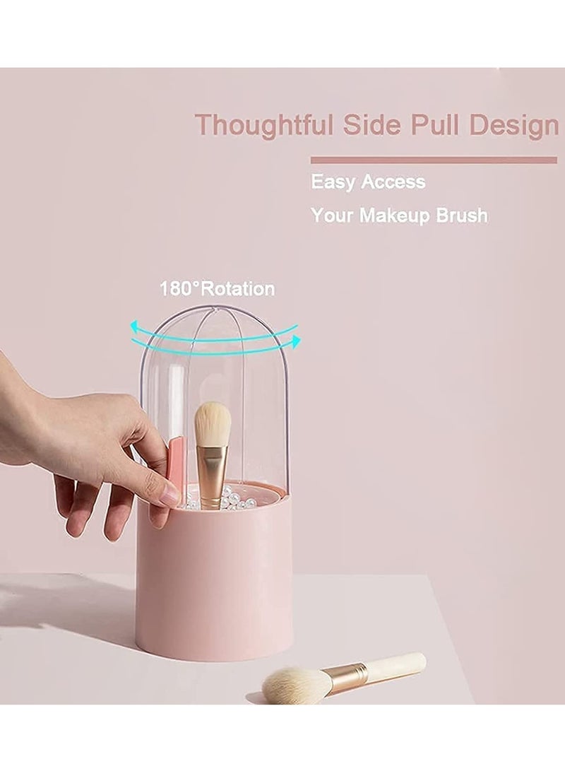 Makeup Brush Organizer Holder Dustproof Cosmetic Brushes Storage Case Display Stand Crystal Clear Rotating Lid Beautiful Pearls Bedroom Vanity Table Bathroom Cabinet Sink Countertop Gift Pink
