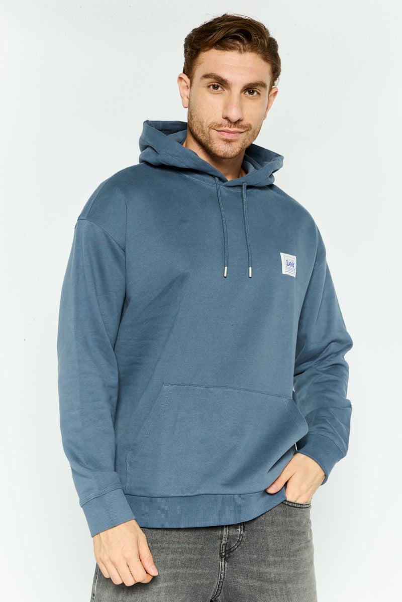 LEE Men Hooded Brand Logo Long Sleeves Sweatshirt, Slate Blue - Image 1