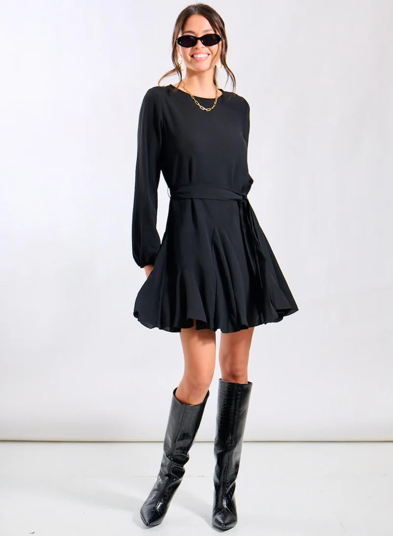 Needs No Label  Black Crepe Belted Fit and Flare Dress for Women | Best Price UAE