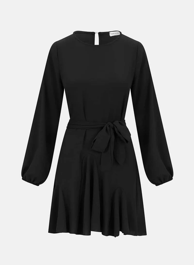 Needs No Label  Black Crepe Belted Fit and Flare Dress for Women | Best Price UAE
