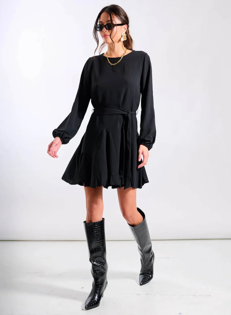 Black Crepe Belted Fit and Flare Dress