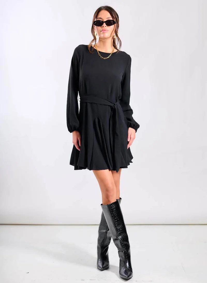 Needs No Label  Black Crepe Belted Fit and Flare Dress for Women | Best Price UAE