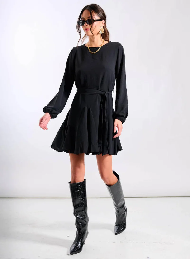 Black Crepe Belted Fit and Flare Dress
