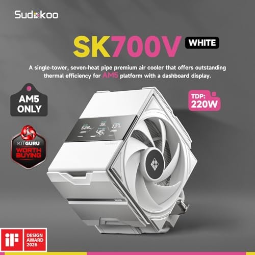 Sudokoo SK700V White AM5 CPU Cooler 7 Heatpipes CPU Air Cooler with Digital Display for AM5 Exclusive Single Tower PC Cooling with 120mm FDB PWM Quiet Fan LRail Lock Mount - Image 3