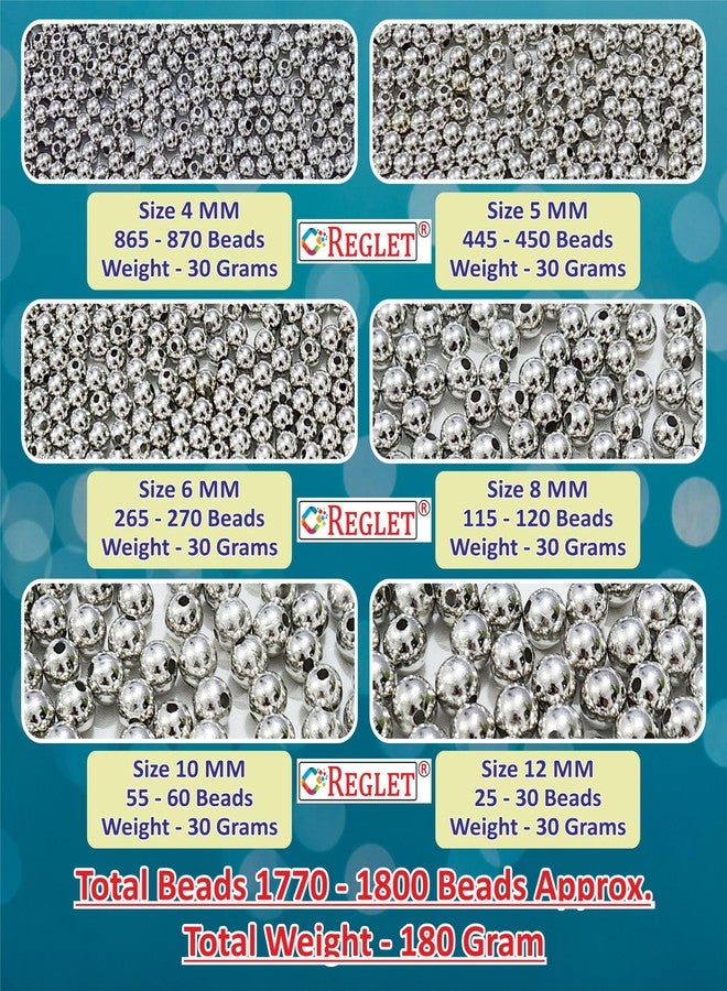 REGLET 1800 Pcs Silver Beads – 4, 5, 6, 8, 10, 12 mm – Beads for Jewellery Making Kit, Beading Fun, Pearls for Craft, Embroidery Work, Creative Crafting, Beadwork, Bracelet Making Kit - 180g - Image 2