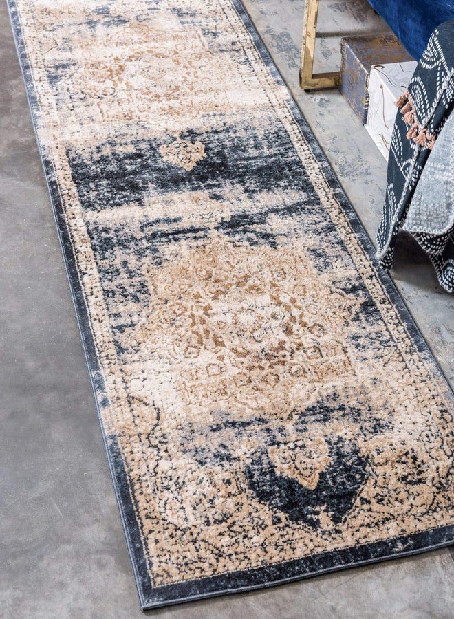 يونيك لوم سجادة منطقة من مجموعة يونيك لوم شاتو - روزفلت (2' 7" × 10' ممر، أزرق داكن/ بيج) - Image 1