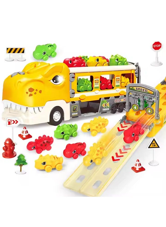 YelaJoy Dinosaur Truck Toys for 3+ Year Boy Toddler, Foldable Track & 2 Player Race Mode, Light & Sound Transport Carrier W/ 6 Dino Car & 12 Accessories, Birthday Gift Idea for Kids Girls(Yellow) - Image 1
