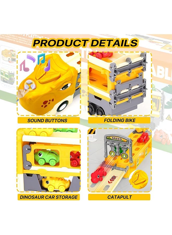 YelaJoy Dinosaur Truck Toys for 3+ Year Boy Toddler, Foldable Track & 2 Player Race Mode, Light & Sound Transport Carrier W/ 6 Dino Car & 12 Accessories, Birthday Gift Idea for Kids Girls(Yellow) - Image 4