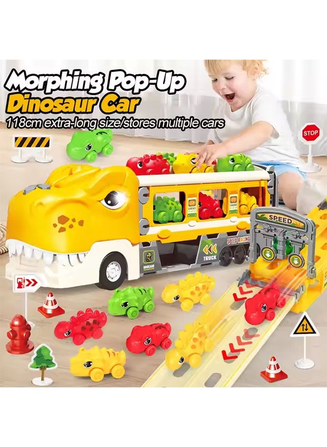 YelaJoy Dinosaur Truck Toys for 3+ Year Boy Toddler, Foldable Track & 2 Player Race Mode, Light & Sound Transport Carrier W/ 6 Dino Car & 12 Accessories, Birthday Gift Idea for Kids Girls(Yellow) - Image 2