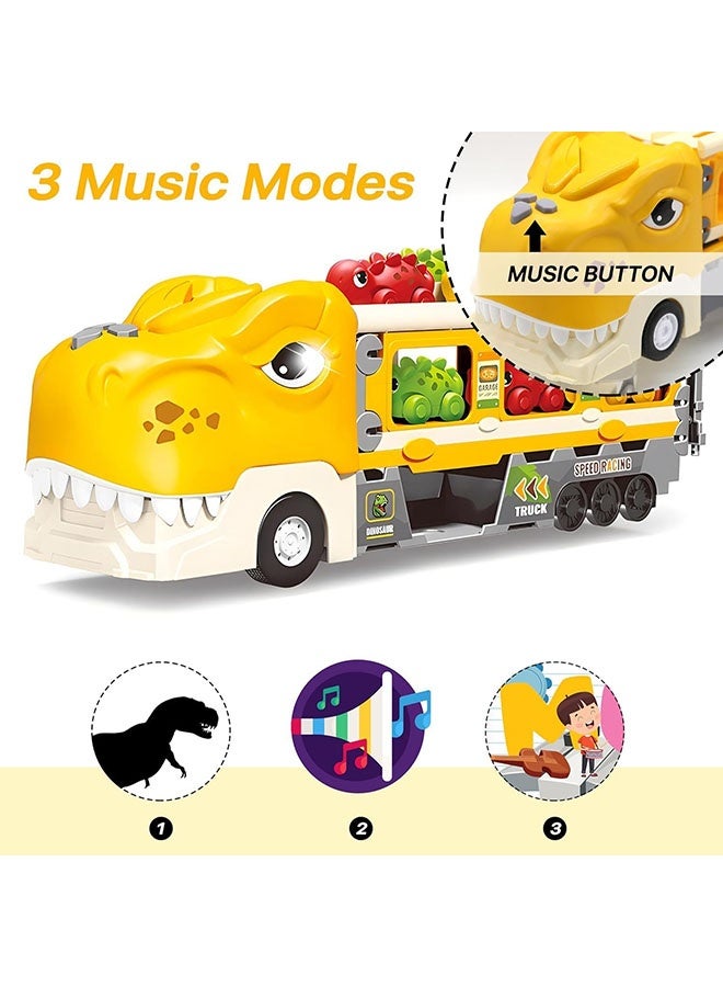 YelaJoy Dinosaur Truck Toys for 3+ Year Boy Toddler, Foldable Track & 2 Player Race Mode, Light & Sound Transport Carrier W/ 6 Dino Car & 12 Accessories, Birthday Gift Idea for Kids Girls(Yellow) - Image 3
