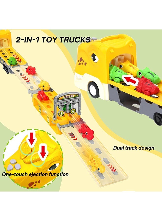YelaJoy Dinosaur Truck Toys for 3+ Year Boy Toddler, Foldable Track & 2 Player Race Mode, Light & Sound Transport Carrier W/ 6 Dino Car & 12 Accessories, Birthday Gift Idea for Kids Girls(Yellow) - Image 5