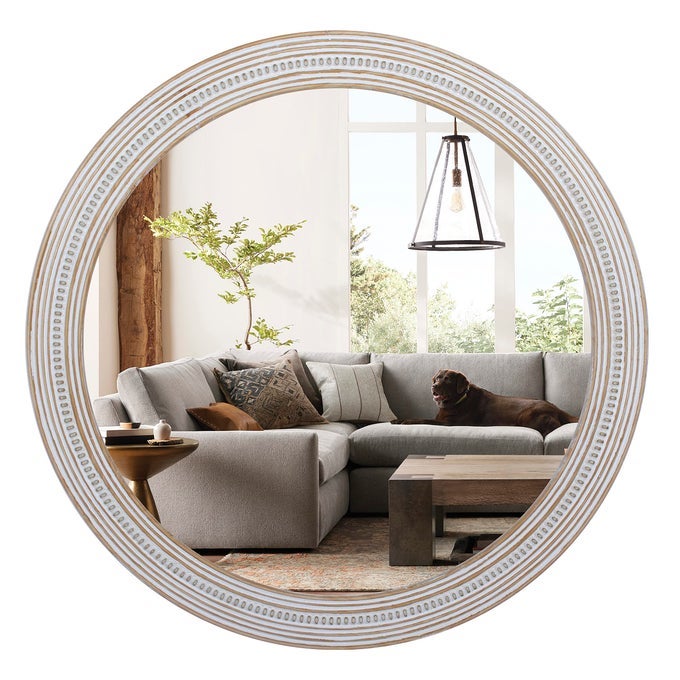 32 INCHES FARMHOUSE ROUND WOOD MIRRORS FOR WALL DECOR RUSTIC DECORATIVE CIRCLE MIRROR FOR BATHROOM LIVING ROOM FOYER ENTRYWAY