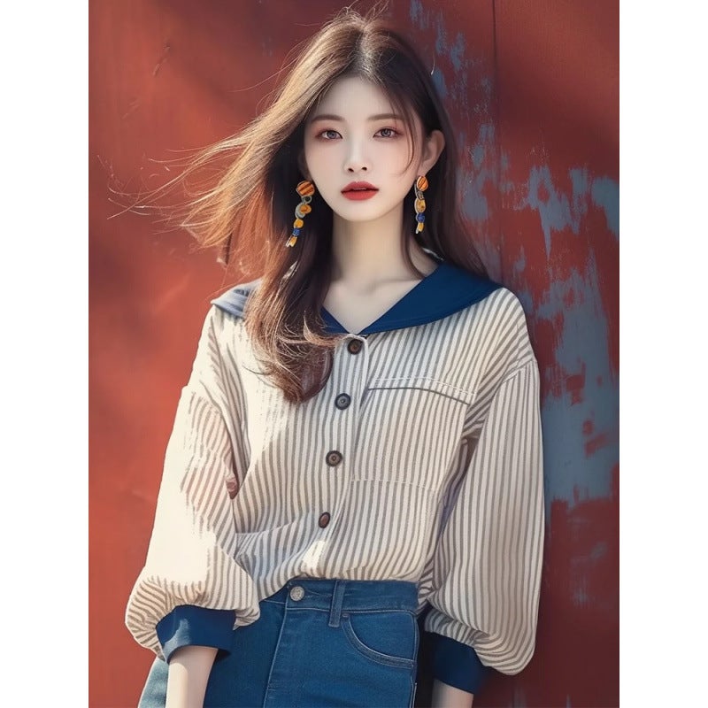 NicheDesign Sensibility Stylish Korean-Style Loose-Fit Slimming Cracker Khaki Navy Collar Striped Shirt For Women Apricot navy collar stripes 