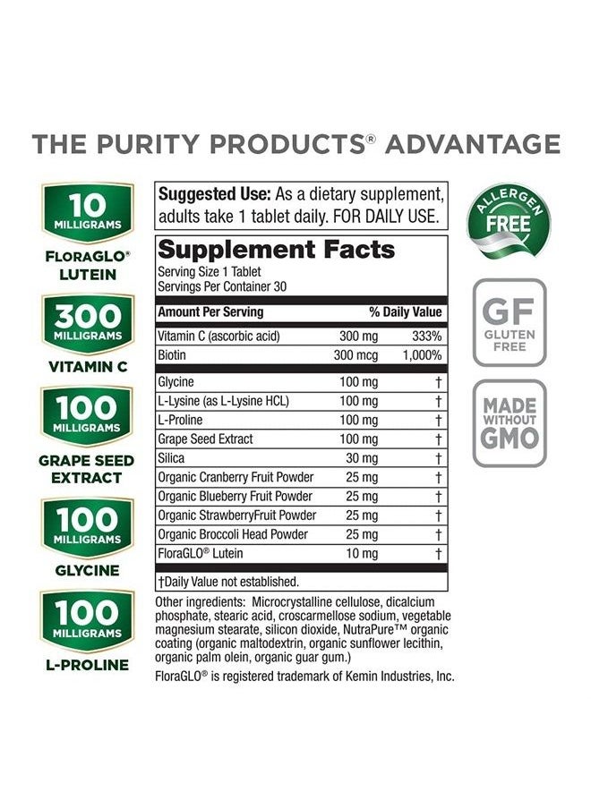 Purity Products - Vegan Collagen Builder - Organic Whole Foods Fruits + Veg, Silica, Lutein, Vitamin C, Biotin, Grape Seed - Amino Acids Glycine, Lysine + Proline Collagen Boosters - Once A Day - 30 Tablets - Image 1