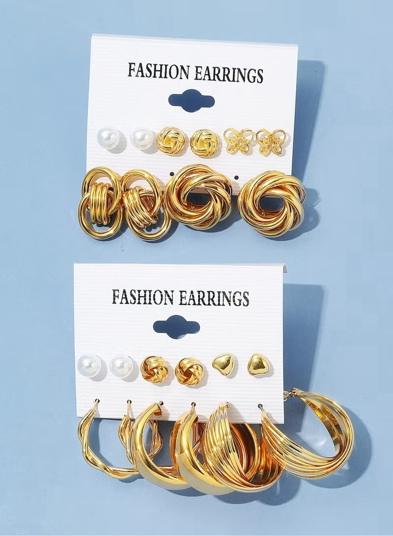 GIFT 12Pairs Gold Statement Hoop Earrings Set, Chunky Pearl and Twisted Huggie Hoops, Retro Circle Stud Multipack Jewelry, Hypoallergenic for Women Birthday and Daily Wear(Gold) - Image 2