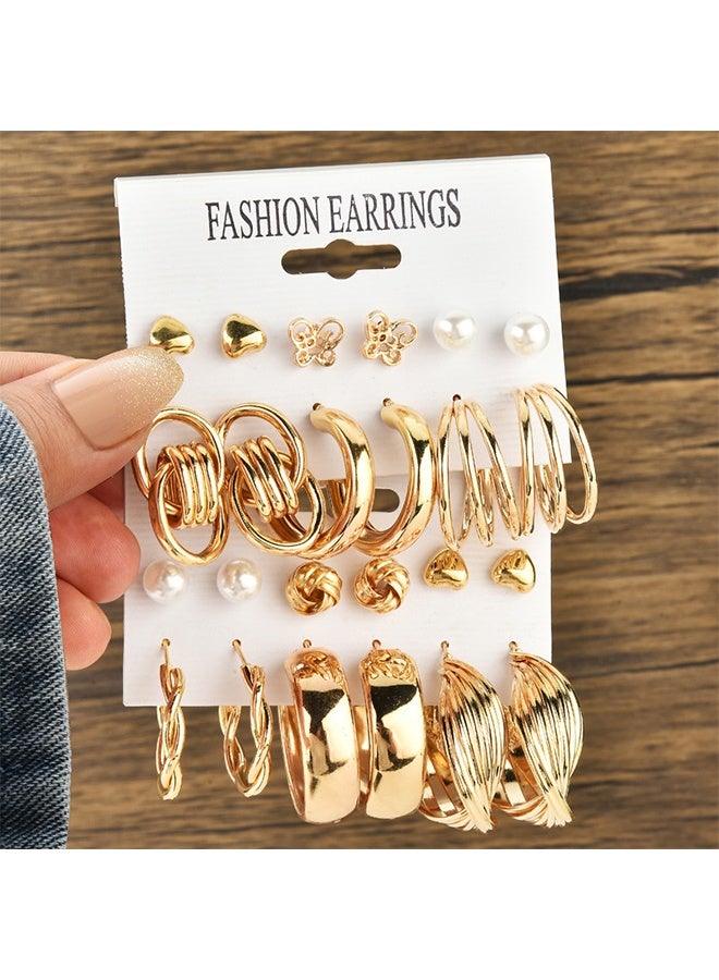 GIFT 12Pairs Gold Statement Hoop Earrings Set, Chunky Pearl and Twisted Huggie Hoops, Retro Circle Stud Multipack Jewelry, Hypoallergenic for Women Birthday and Daily Wear(Gold) - Image 1