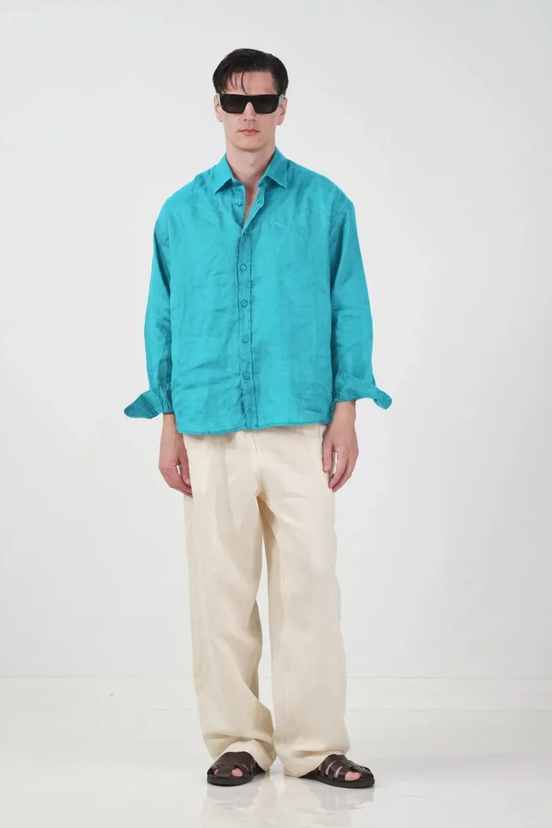Giesto Cerulean Blue GIESTO Men's Oversized Linen Long Sleeve Shirt for Men | Best Price UAE