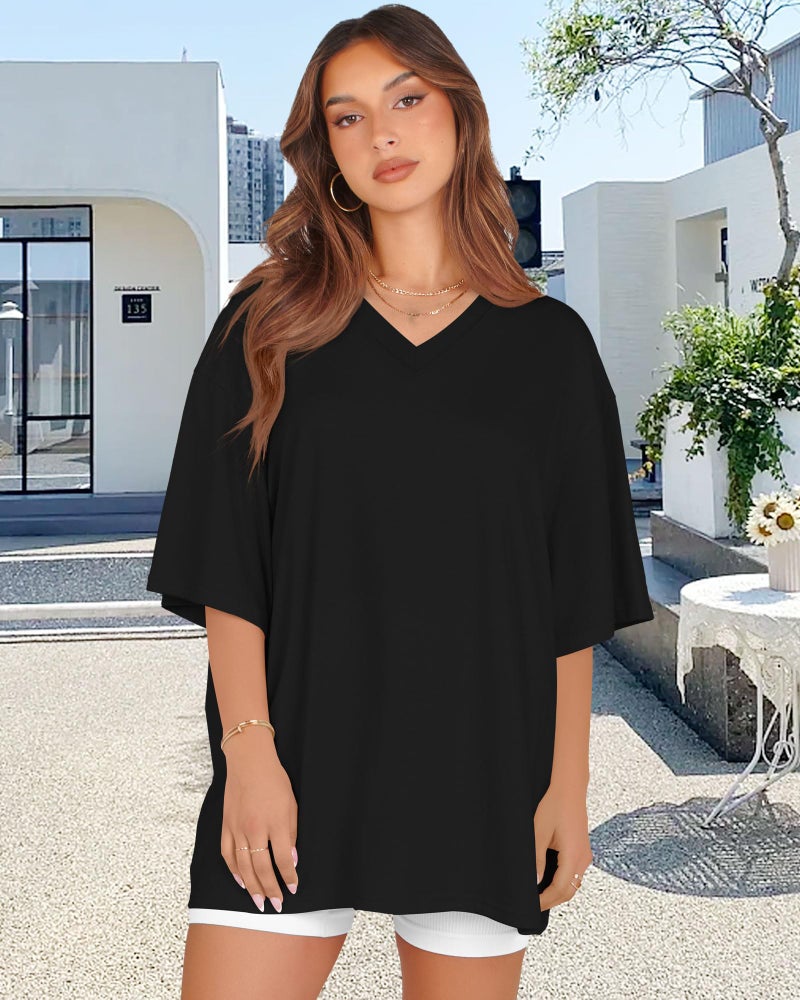 rosemia Oversized Tshirts for Women V Neck Short Sleeve Summer Casual Basic Loose Tops, Pure Black, M - Image 5