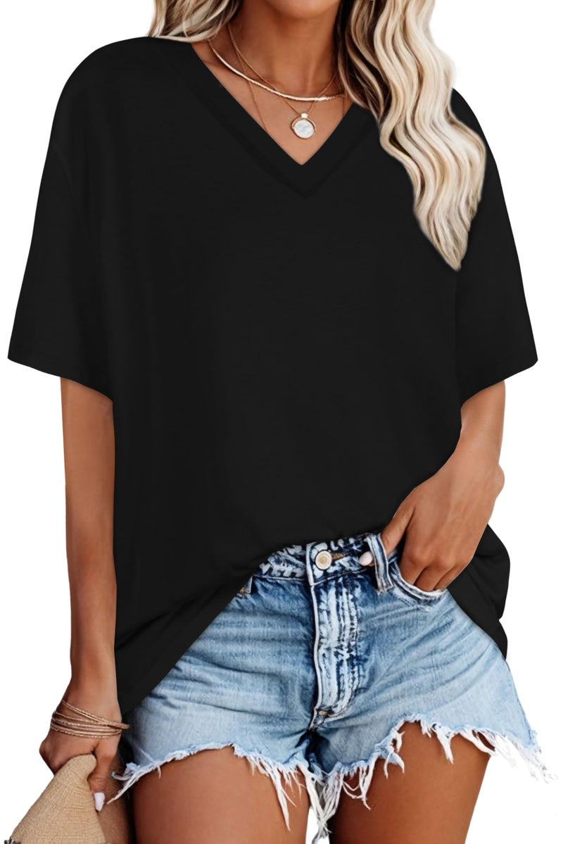 rosemia Oversized Tshirts for Women V Neck Short Sleeve Summer Casual Basic Loose Tops, Pure Black, M - Image 1