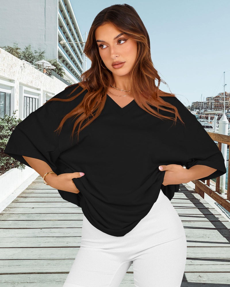 rosemia Oversized Tshirts for Women V Neck Short Sleeve Summer Casual Basic Loose Tops, Pure Black, M - Image 4