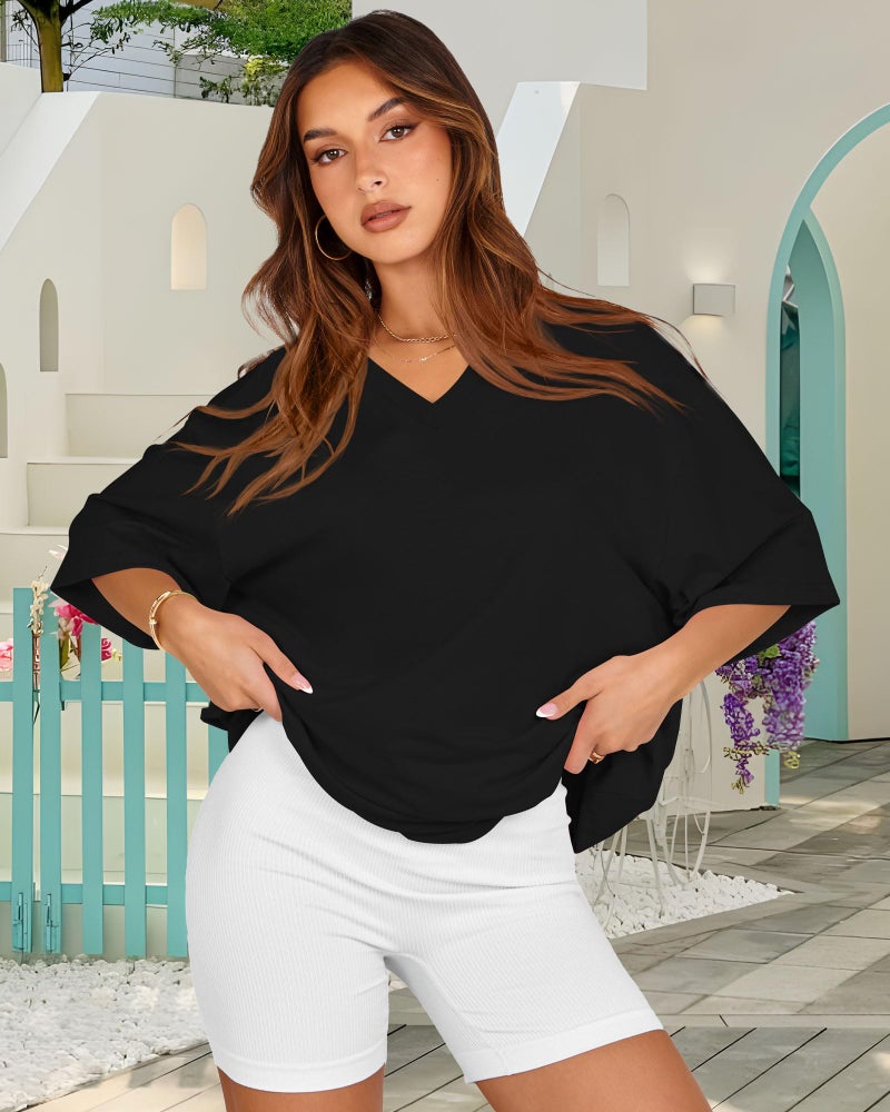 rosemia Oversized Tshirts for Women V Neck Short Sleeve Summer Casual Basic Loose Tops, Pure Black, M - Image 2