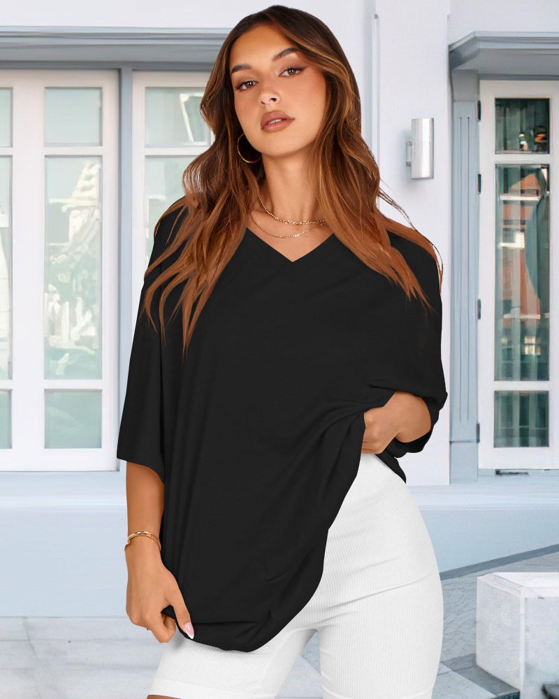 rosemia Oversized Tshirts for Women V Neck Short Sleeve Summer Casual Basic Loose Tops, Pure Black, M - Image 3