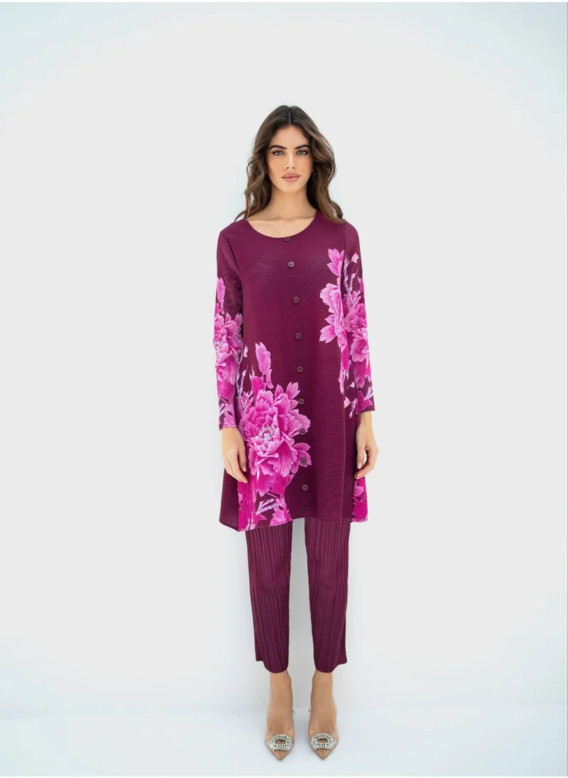 هاسال Floral Print Button Down Shirt And High Waist Pants Set