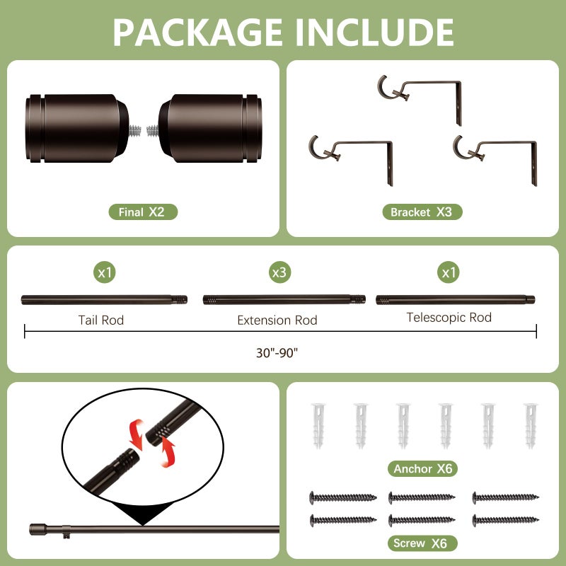 Edidonson 5/8â€ Diameter Bronze Curtain Rods 30-90 Inch, for 30-84 Inch Windows, Adjustable Splicing Antique Bronze Curtain Rods for Windows with Brackets, Window Rod Long Small Dark Brown Curtains Rod - Image 3