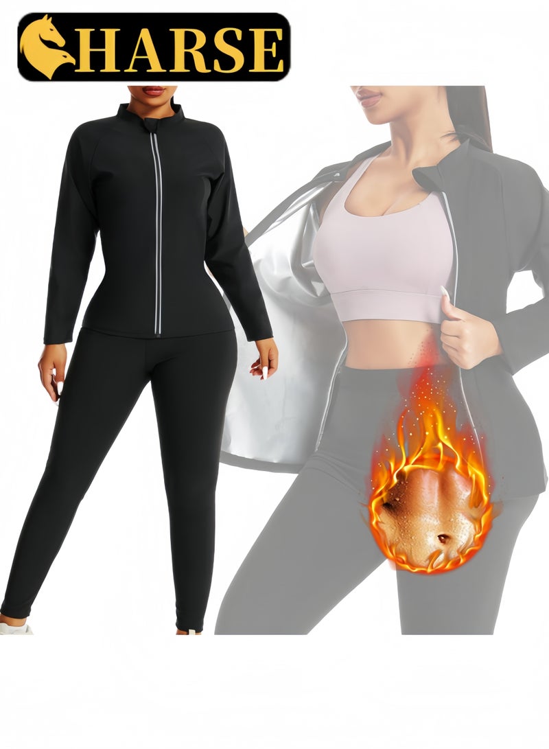 لغة بدلة ساونا للتعرق للنساء – طقم من قطعتين (سترة بأكمام طويلة + بنطال) – قماش حراري فاخر لتعزيز التعرق ونحت الجسم – احرقي أكثر وتعرقي أكثر - Image 1