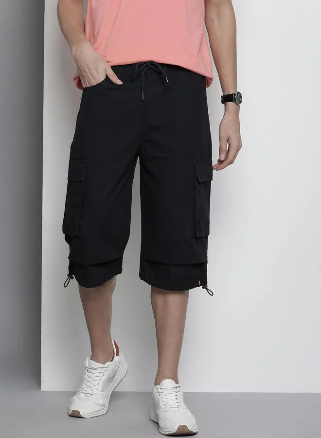 The Indian Garage Co Men Black Relaxed Fit Solid Cargo Shorts