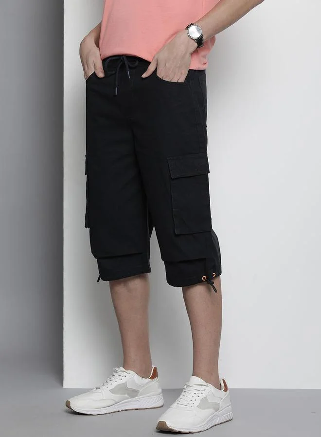 The Indian Garage Co Men Black Relaxed Fit Solid Cargo Shorts