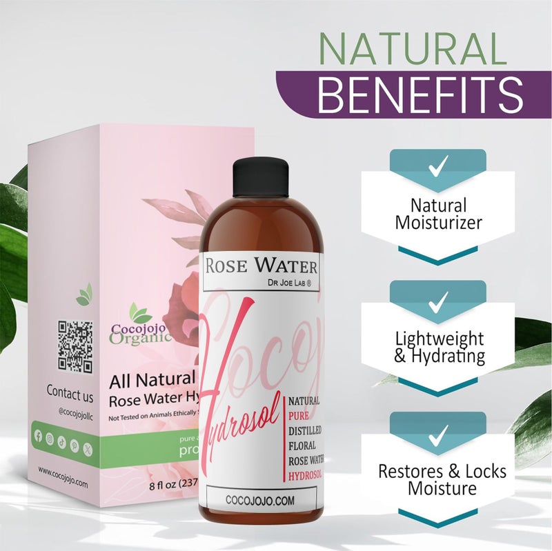 cocojojo Rose Water Hydrosol - 8 oz & Sprayer - 100% Natural Pure Steam Distilled Bulgarian Rosewater Facial Floral Hydrating Toner Mist - Face Skin Hair Locs Dreads Body Bath Spray Spritz - Packaging May Vary - Image 3