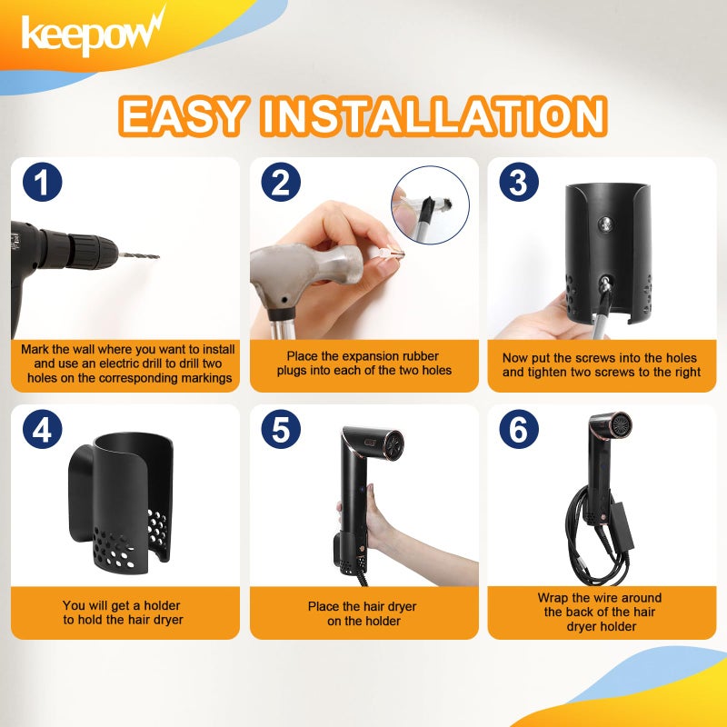 KEEPOW حامل مجفف الشعر KEEPOW مثبت على الحائط متوافق مع Shark Flexstyle / Dyson Airwrap / Airstrait Styler، حامل مجفف الشعر منظم أدوات الشعر ملحق تخزين مجفف الشعر للحمام والفندق - Image 5