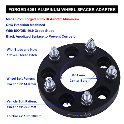 VLAOSCHI Black Forged 5x5.5 to 5x4.5 Wheel Adapters 1.5 Inch with 1/2" Studs Compatible with Dodge F-ord 5 Lug 5x139.7 to 5x114.3 for 1994-2001 R-AM 1500 | 1975-1996 F150 | 1976-1986 CJ - Pack of 4 - Image 5
